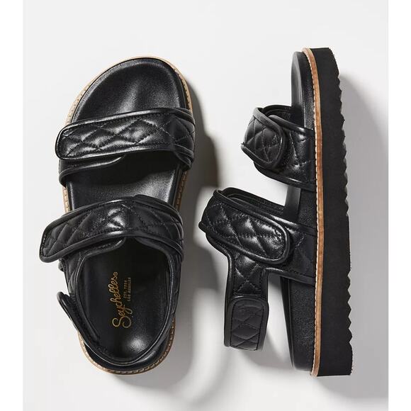 Anthro Seychelles 'New to This' Quilted Platform Sandal Women's 7 Black Leather - Picture 1 of 8